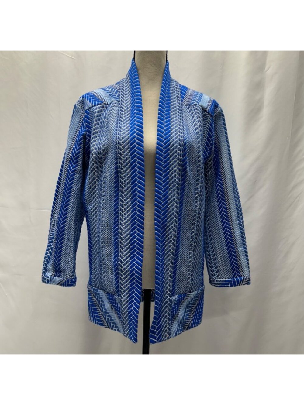 Betty Chow Womens Blue & White Chevron Pattern Open Front Jacket - Size S - Picture 1 of 16